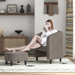 Poltrona confortável com apoio para os pés, cadeira estofada em veludo e pufe bege