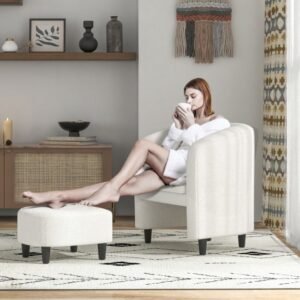 Cadeira moderna estofada em veludo Teddy com pufe cinza