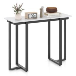 Mesa de console moderna de mármore sintético para entrada com estrutura geométrica de metal - branca