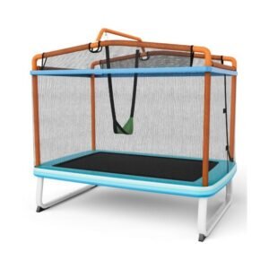 Trampolim retangular infantil de 190 cm com rede de proteção e barra horizontal - amarelo