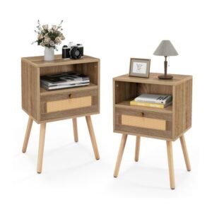 Mesa de cabeceira com estação de carregamento, mesa de cabeceira estreita com 2 gavetas e portas USB, 40 x 32 x 60 cm, marrom rústico