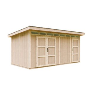 Casa inteligente com painéis, revestida com telhas, sem pintura.