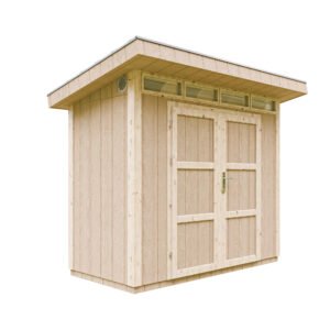 Casa inteligente com painéis, revestida com telhas, sem pintura.