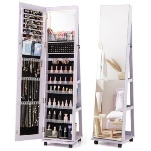 Armário para joias com fechadura de 64 polegadas e espelho de maquiagem embutido - branco