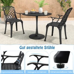 Conjunto de 2 cadeiras de jantar em alumínio fundido, cadeiras para áreas externas com assento curvo ergonômico e pés ajustáveis ​​em bronze