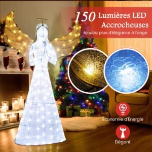 Árvore de Natal artificial pré-iluminada de 62 pol., decoração de Natal em formato de anjo com luzes LED brancas quentes, estacas de folhas douradas
