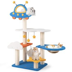 Árvore para gatos pequena com tema de aviação para ambientes internos, torre para gatos com poleiro em formato de helicóptero - amarelo