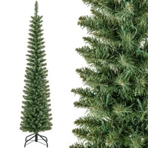 Árvore de Natal artificial de 210 cm, pré-iluminada, 499 galhos, 200 luzes LED brancas quentes, suporte de metal dobrável