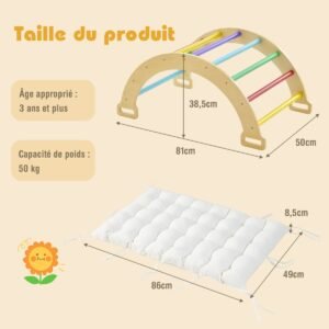 Arco de escalada de madeira com almofada macia para balanço, escalada e rastejamento. Estrutura de escalada cinza.