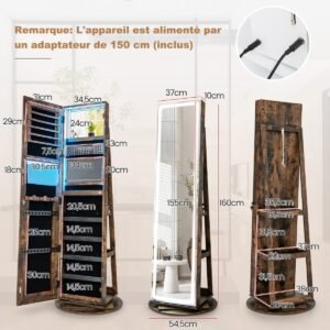 Armário para joias com espelho Armário para joias com espelho e luzes LED ajustáveis ​​54,5 x 54,5 x 160 cm Branco