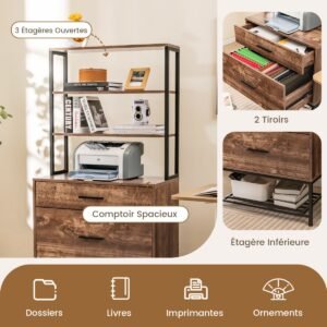 Armário de arquivo com estação de carregamento Armário de escritório com 3 prateleiras abertas e 2 gavetas Cinza rústico