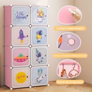 Guarda-roupa infantil portátil de 8 cubos com portas e seção para pendurar, unidade de prateleiras modulares em formato de cubo de desenho animado com gavetas, branco