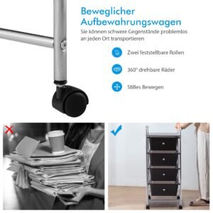 Organizador de carrinho de armazenamento com 4 gavetas e rodinhas de plástico - branco