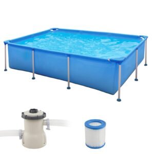 Piscina retangular grande acima do solo com bomba de filtragem de cartucho e estrutura de metal 300 cm x 207 cm x 66 cm cinza