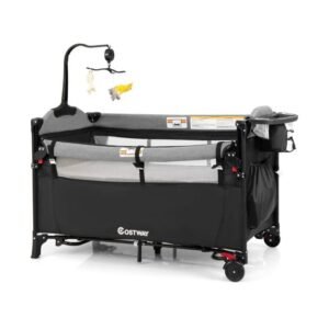 Cama de bebê conversível 5 em 1 com trocador e bolsa de armazenamento cinza
