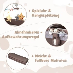 Berço de viagem dobrável 5 em 1 com colchão, berço de 2 níveis com rodas, cinza