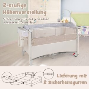 Berço de viagem dobrável com colchão, berço de 2 níveis com rodas marrom