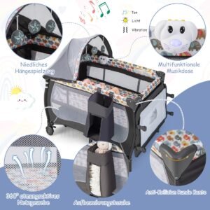 Cama de bebê 5 em 1, berço portátil, cama de viagem com colchão dobrável, 102 cm x 72 cm x 74 cm, cinza