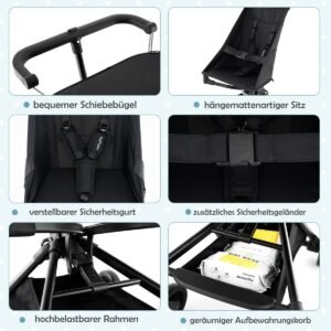 Carrinho de bebê leve e dobrável com encosto ajustável e capota - Preto