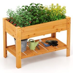 Canteiro elevado de madeira com prateleira e furos de drenagem Canteiro elevado para jardim Plantador natural