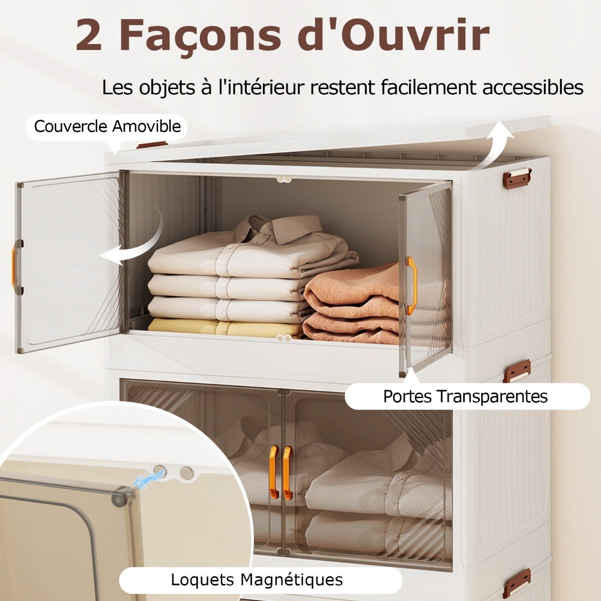 Recipientes de armazenamento empilháveis com rodas e portas para quarto - Branco - 4 camadas - Image 2