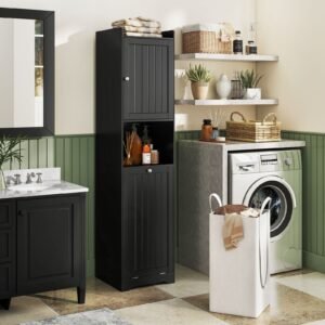 Armário de banheiro 170 cm coluna de lavanderia sólida e estreita com prateleira ajustável saco de lavanderia com alças cinza