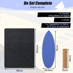 Prancha de equilíbrio de madeira com polia e capa, kit de prancha de equilíbrio 3 em 1 azul