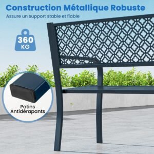 Banco de jardim externo de 127 cm, banco de metal com encosto de treliça geométrica, apoios de braços e assento de ripas, poltrona externa vermelha