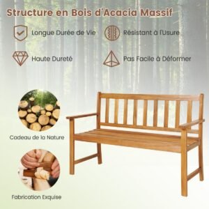 Banco de madeira de acácia para 2 pessoas com encosto e braços