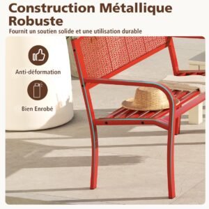 Banco de jardim com assento de ripas, banco de metal para áreas externas de 2 lugares com encosto decorativo branco