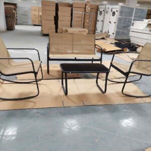 Conjunto de 4 móveis de jardim de metal + cadeiras de balanço de textilene e mesa de vidro temperado para 4 pessoas, varanda de piscina, preto