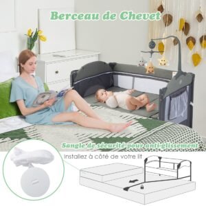 Berço de viagem 5 em 1 para bebês com colchão e trocador, cama conversível para bebês com 4 alturas ajustáveis ​​de 5 a 10°, carga de agitação de 15 kg para bebês de 0 a 9 meses, multicolorido