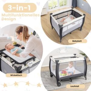 Berço de viagem para bebê com trocador removível e barra giratória, berço de acampamento portátil em cinza escuro