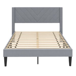 Cama de casal estofada com plataforma 200x140 cm com cabeceira de veludo e ripas de madeira, sem necessidade de box spring, cinza