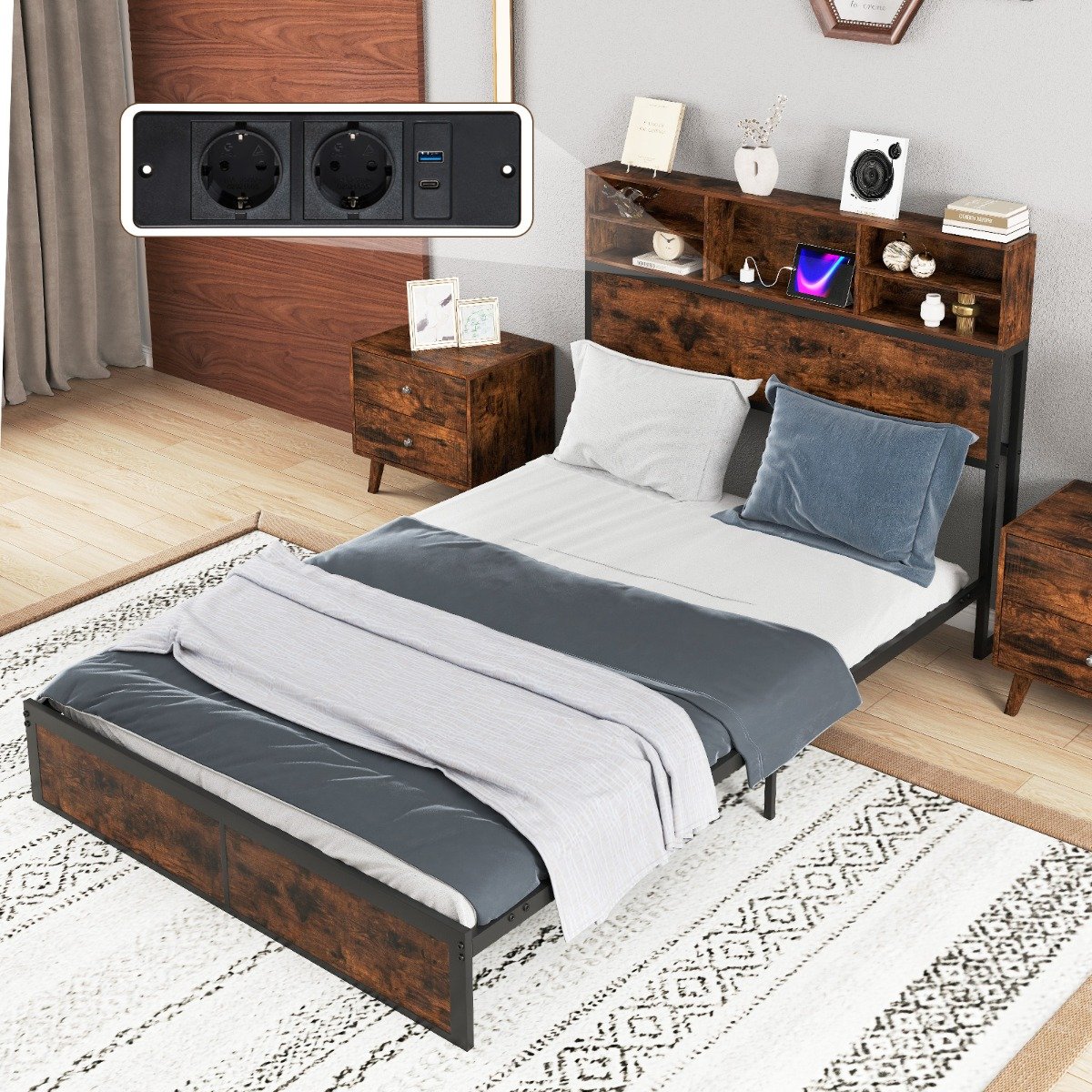 Estrutura de cama com estação de carregamento, cama de hóspedes com cabeceira estofada, base de ripas e iluminação ajustável