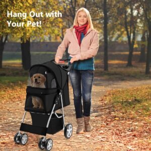 Carrinho de bebê dobrável para animais de estimação com cesto de armazenamento e capota ajustável - cinza