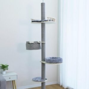 Árvore para gatos de 117 cm, torre de escalada multinível com cesto suspenso, assento acolchoado, tábuas de arranhar de sisal, poste de arranhar laranja