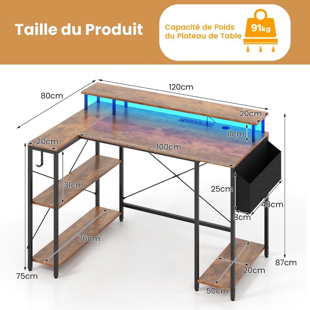 Mesa em L com tomadas e iluminação LED - preta - Image 2