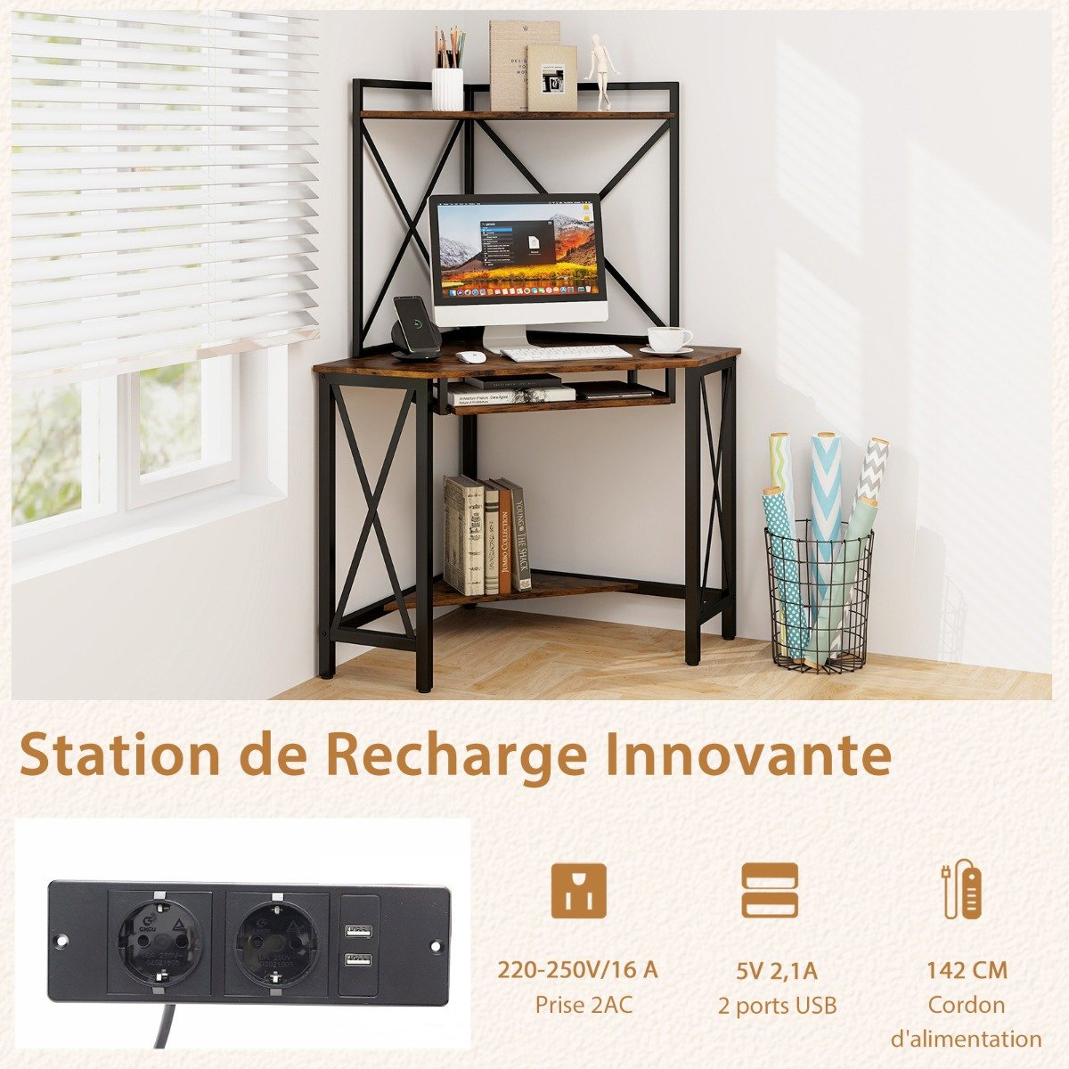 Mesa com estação de carregamento, mesa de canto para computador com prateleira para teclado e 2 prateleiras 113 x 75 x 145 cm, branca + dourada - Image 2
