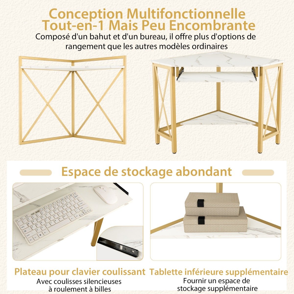 Mesa de entrada dourada com tampo de mármore branco falso - Branco