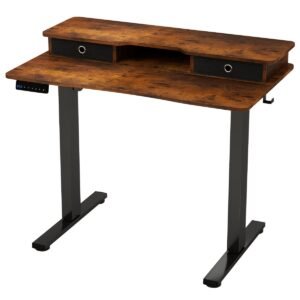 Mesa elétrica para sentar e levantar 100x60 cm com 2 gavetas, suporte para monitor ajustável em altura, prateleira de armazenamento, branca