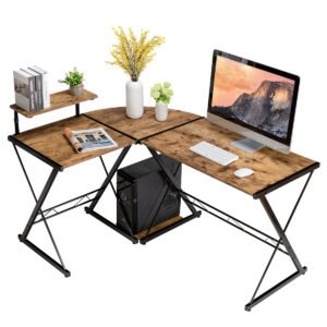Mesa de jogos para computador em formato de L com suporte para monitor e bandeja para host - nogueira