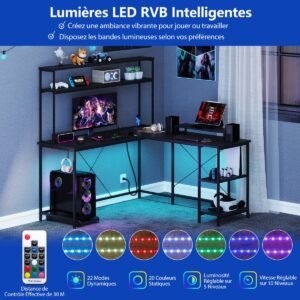 Mesa de jogos em formato de L com faixa de LED e tomadas, mesa de canto com monitor/suporte para CPU, prateleira cinza