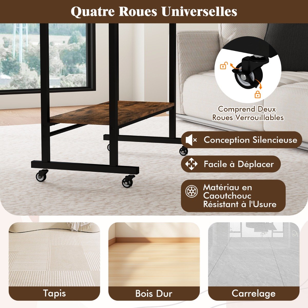 Mesa com rodízios, bandeja para teclado, espaço de armazenamento abaixo e ganchos - branca - Image 2