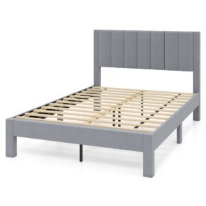 Estrutura de cama para colchão 200 x 140 cm, estofado em veludo, estrutura de cama de casal, plataforma, cama cinza