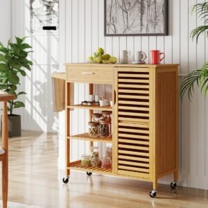 Carrinho de cozinha de bambu com ilha, aparador com rodinhas e suporte para toalhas - Natural