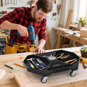 Banco alto de alumínio para mecânicos de alta resistência com assento giratório de 360°, banco de oficina com apoio para os pés para sala de ferramentas, preto e vermelho