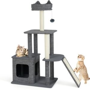 Árvore para gatos de 180 cm de altura, torre grande para gatos de vários níveis com postes de arranhar - cinza