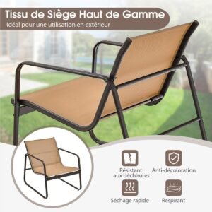 Conjunto de 3 móveis de jardim em vidro textilene anti-UV, mesa de centro, estrutura de metal preta