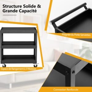 Carrinho de ferramentas com rodinhas de 3 níveis, carrinho utilitário de metal à prova de ferrugem com alça